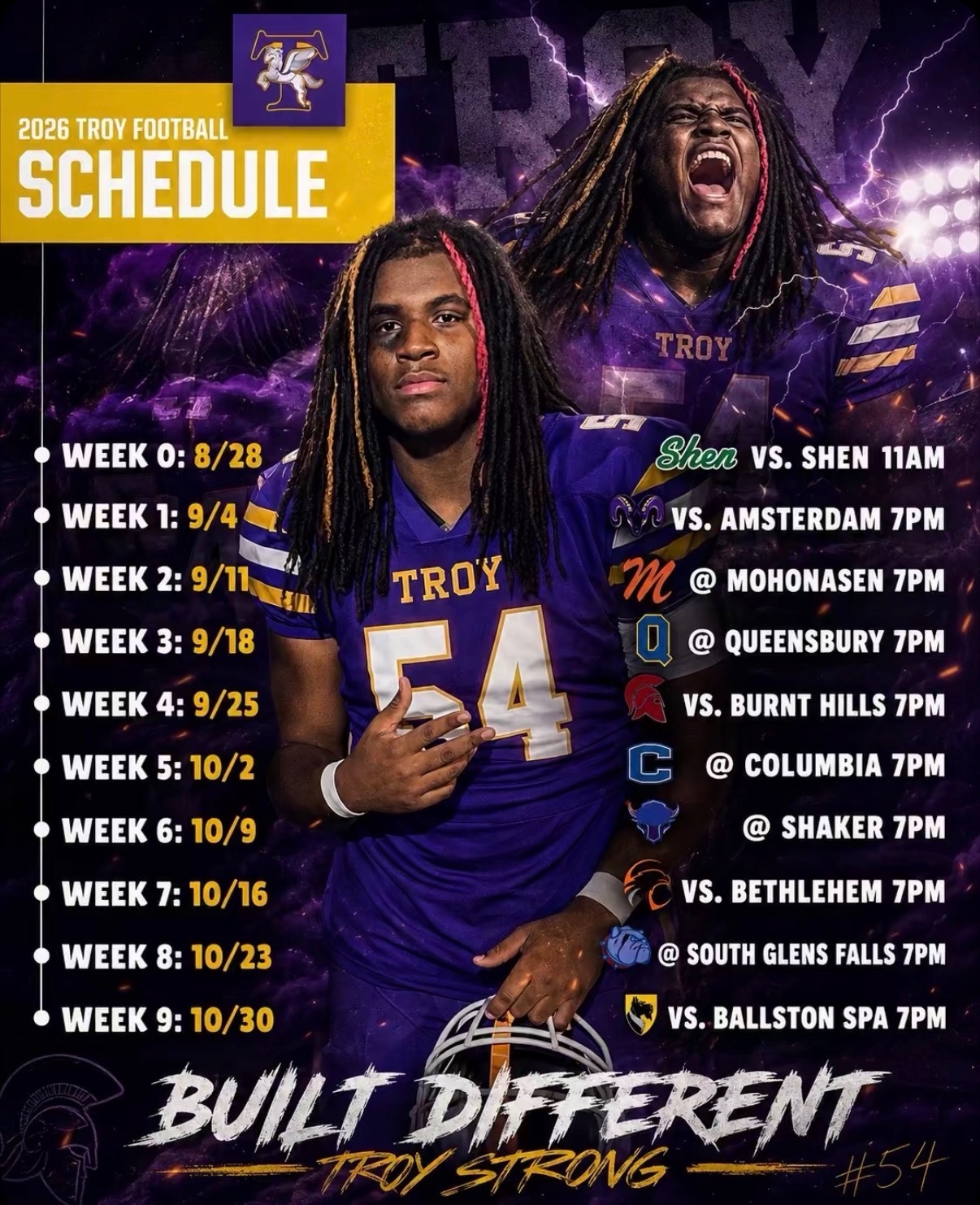 Troy Football 2026 schedule poster featuring Joseph Fleuriot III in his purple number 54 Troy jersey, listing all ten games from Week 0 on 8/28 through Week 9 on 10/30, with the words Built Different, Troy Strong